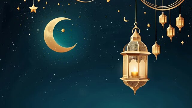 lanterns ramadan crescent moon night sky hanging gold lanterns