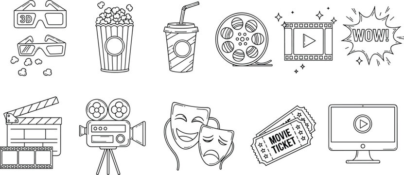 Cinema and movie line art icon set. 3D glasses, popcorn, camera and clapperboard in thin outline style. Minimal black and white illustration isolated on white background.