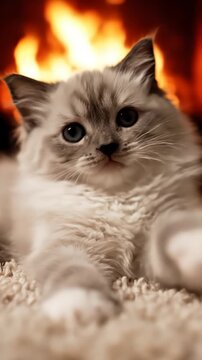 Fluffy Kitten with Blue Eyes Cozy by Fireplace