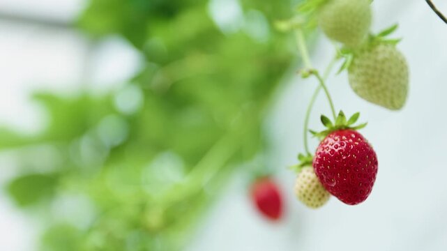Hydroponic strawberry rows in greenhouse revealing ripe red berries and shallow depth of field for agricultural business promotion.