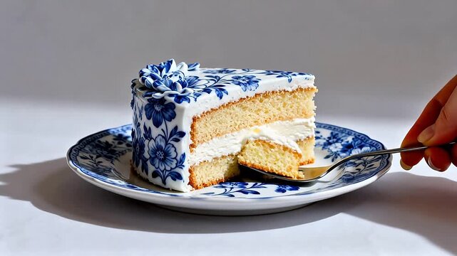 Blue and white floral cake slice