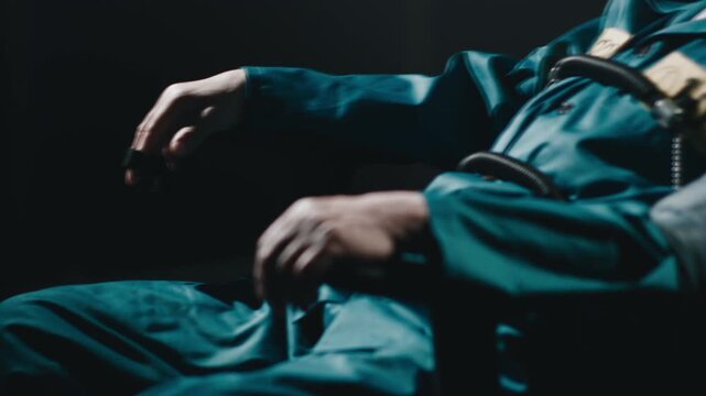 Prisoner being examined by lie detector in dark room