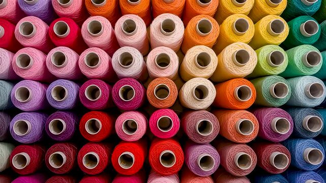 Colorful Sewing Thread Spools Arranged in Rows with Vibrant Textile Craft Materials Display