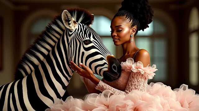 A woman in a pink dress hugging a zebra