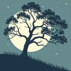 Large Silhouette Tree Against Full Moon at Night Sky © Tawhitul