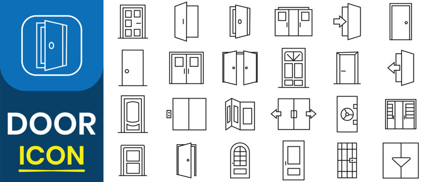 Door icon set. Outline icons of door, enter, exit, doorbell, knock, open door, home, closed door, pull and push symbol.  Vector illustration.