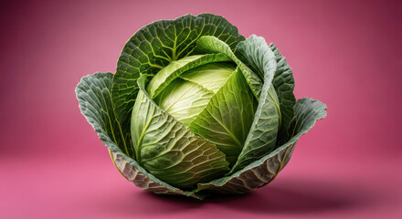 Obraz premium Fresh green cabbage with tightly packed leaves displayed against a vibrant pink background, showcasing its natural texture and color