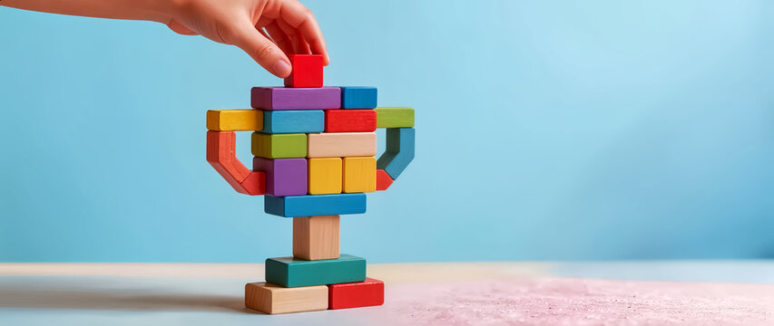 Close up of a hand placing the final red block on a wooden toy trophy. Concept of building success, creative leadership, and step-by-step progress on a blue background with copy space.