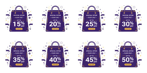 A set of purple shopping bags with different sale labels and flash promotions on a white background, used for business advertising