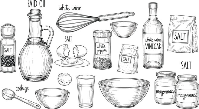 Vintage kitchen ingredients sketch illustration. Oil, vinegar, salt, wine and utensils in detailed hand drawn style. Black and white cookbook design isolated on white background.