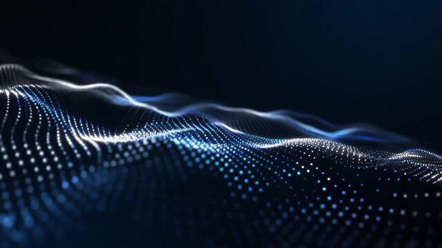 A dark blue wave-like pattern of small dots forming a 3D surface