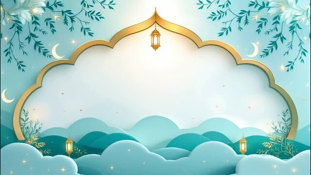 ornate gold arch islamic landscape with lanterns and crescents