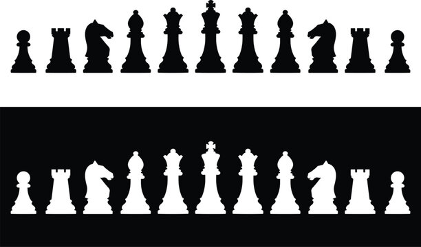 Black and White Chess Pieces Silhouette Set on Contrast Background