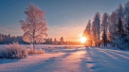 A serene winter landscape with soft pink and orange hues. A snowy field stretches into the distance. Tall trees surround the scene. Perfect for evoking calm and beauty. AI