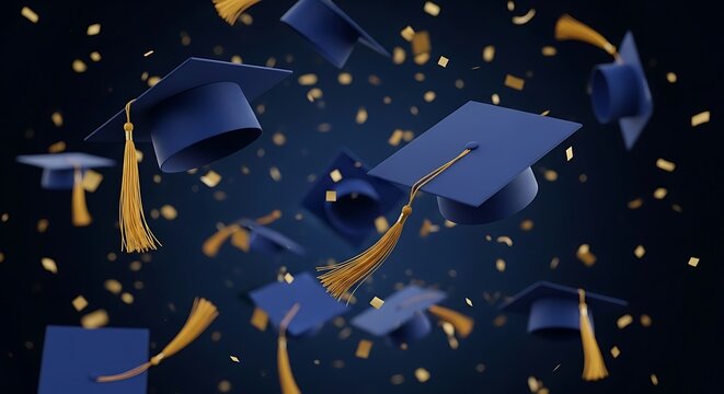 Floating blue graduation caps with golden tassels and confetti on a dark blue background