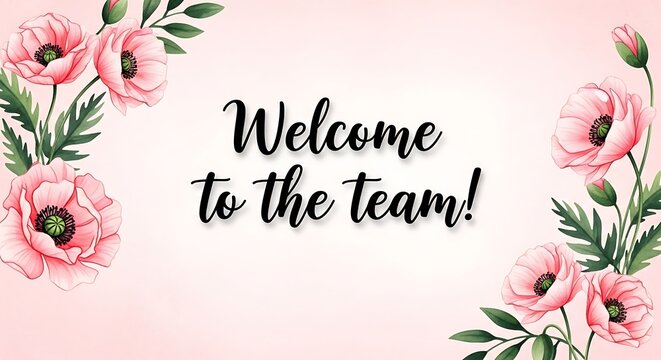Floral welcome card with pink flowers, green leaves, and black script on a pink background