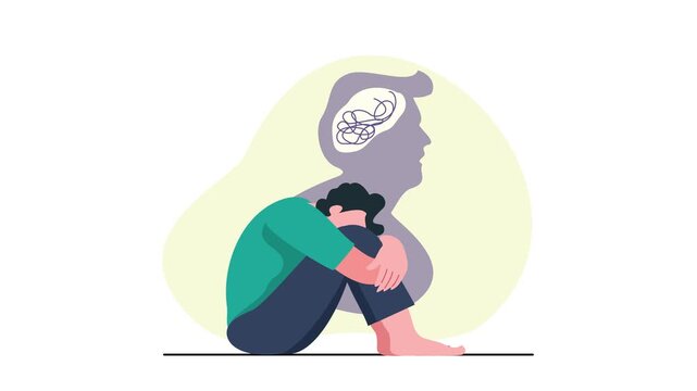 4k animation. A man sobs with his head buried between his knees. Behind him, a shadowy figure with a head of tangled threads symbolizes deep emotional turmoil and grief.