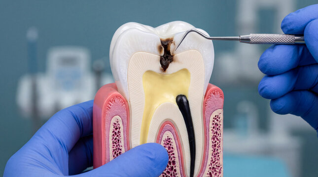 Dental professional's gloved hand examines a detailed tooth model illustrating severe decay, a cavity, and root canal therapy