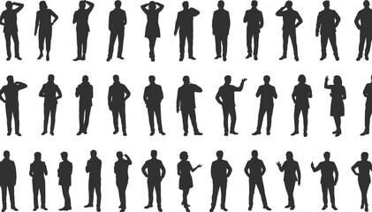 Human silhouettes, diverse standing poses, body language gestures, professional figures, posture elements © Heyy