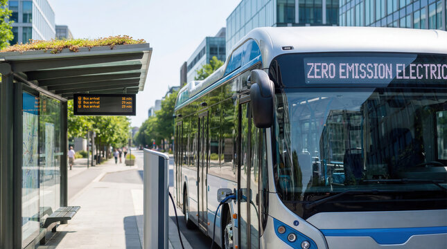 Zero emission electric bus charging at city stop, showcasing clean public transport and sustainable urban mobility