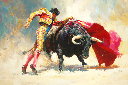 Surrealist view of a Bullfighter or matador fighting a bull in an arena, AI generated