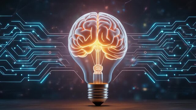 A glowing lightbulb containing a brain is centered on a dark surface surrounded by glowing circuit boards