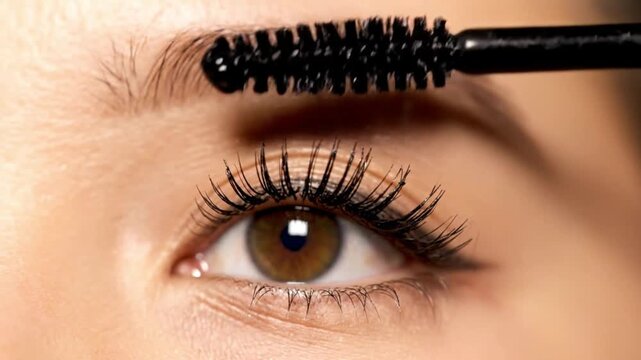 Close-up of a woman applying mascara to her eyelashes, enhancing her eye makeup for a beautiful look.