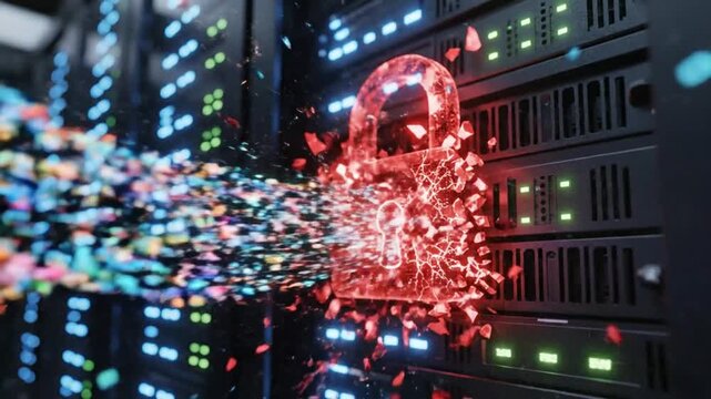 Digital Security Breach A Glowing Red Padlock Explodes into Data Fragments Amidst Server Racks
