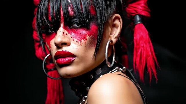 A woman with red paint on her face and red hair