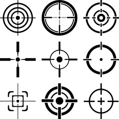 Target and Crosshair Icon Set: Minimalist Silhouette Collection of Bullseye, Sniper Scope, and Precision Aiming Vectors for Strategy and Goals.