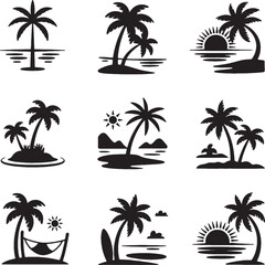 Tropical Palm Tree Sunset Island Vacation Icon Set