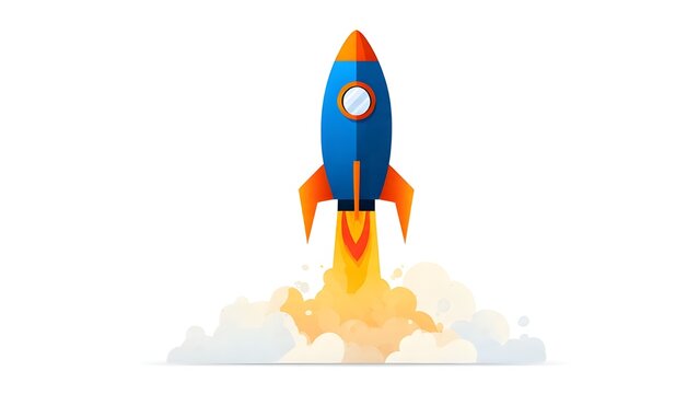 Rocket taking off with fire and smoke on white background