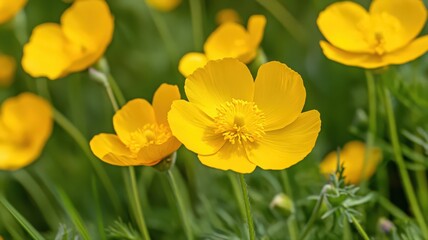 Obraz premium Close-Up View of Vibrant Yellow Buttercup Flowers Blooming in a Lush Green Field in Spring