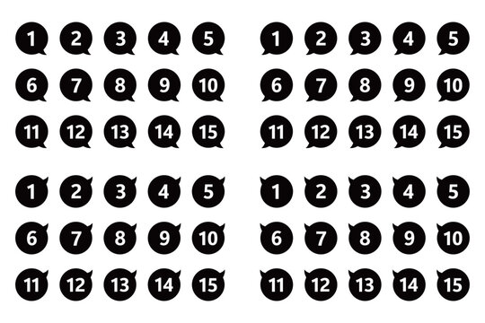 吹き出しの番号マークのセット　「1」から「15」まで　4方向　背景透過　白文字　モノクロ