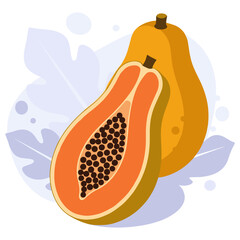 Fototapeta premium Illustrated papaya composition with halved and whole fruit
