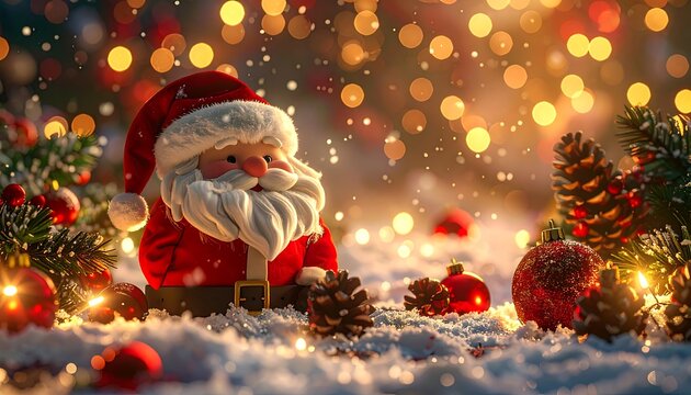 Santa Claus kneeling in a snowy landscape surrounded by festive decorations and lights, captured from a low angle.