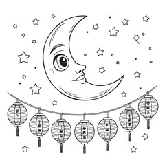 Happy Ramadan Coloring
Pages with Black and white
vector illustration