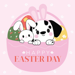 Happy Easter Day with Adorable Bunny and Dalmatian Puppy in a Basket