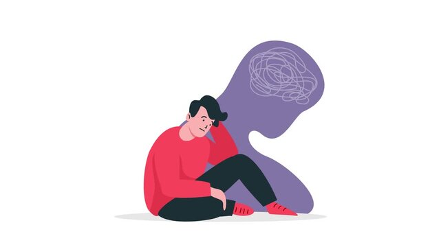 4k flat vector animation. A depressed man sits sadly. Behind him, a human shadow with a head made of tangled threads symbolizes confusion, mental knots, and inner turmoil.