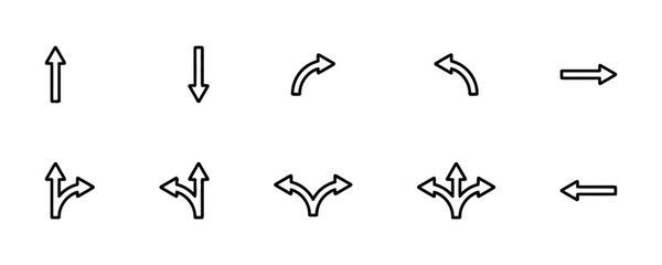 Collection of ten directional arrow icons, including straight, curved, and branching paths © Abuk