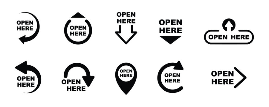 Collection of ten 'open here' arrow icons for packaging and instructions, various designs