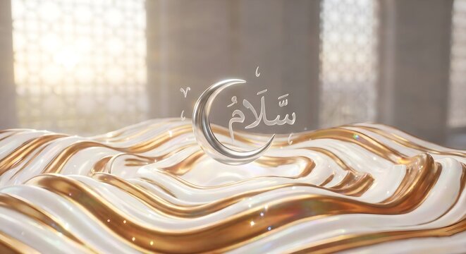 3D Arabic Calligraphy "Salam" (Peace) with Moon Over White and Gold Waves