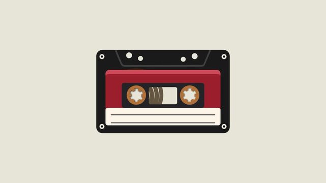 Flat vector 4k animation of a vinyl record spinning, transforming into a cassette tape, and finally into a retro SLR camera. Perfect for music, nostalgia, and tech history themes.