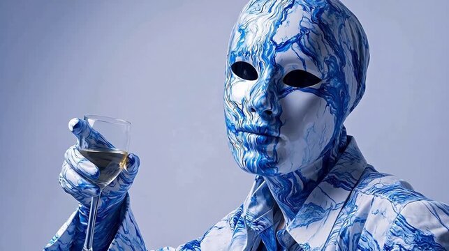 Person in blue and white marbled costume drinking from glass