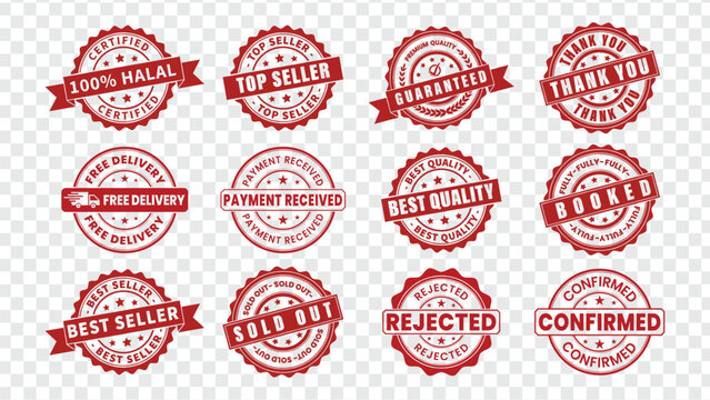 Collection of red rubber stamp badges and seals for sales, shipping, quality, and confirmation, featuring Halal, Top Seller, Guaranteed, Free Delivery, Best Quality, Booked, Sold Out, and Rejected.