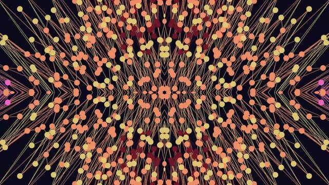 Vibrant particles exploding radially in a kaleidoscope pattern with abstract shapes and colors