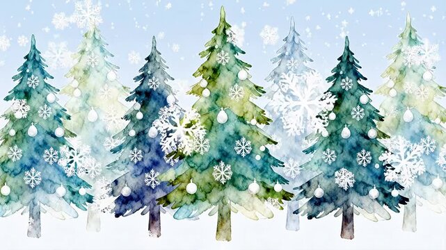 Watercolor Christmas trees with ornaments