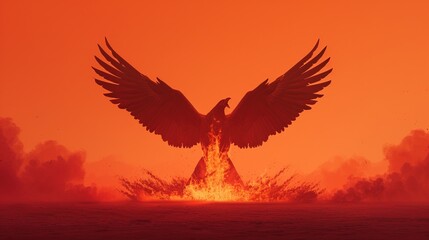 Fototapeta premium Dramatic silhouette of a powerful phoenix with wings spread emerging from fire against an intense orange sky, symbolizing rebirth, resilience, and transformation.