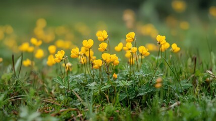 Obraz premium Cluster of Vibrant Yellow Flowers Growing in a Lush Green Field Surrounded by Nature