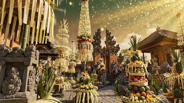 Elegant Galungan Celebration Background with Traditional Penjor Decorations, Temple Offerings, and Radiant Gold-to-Emerald Gradient with Soft Sunlight Particles